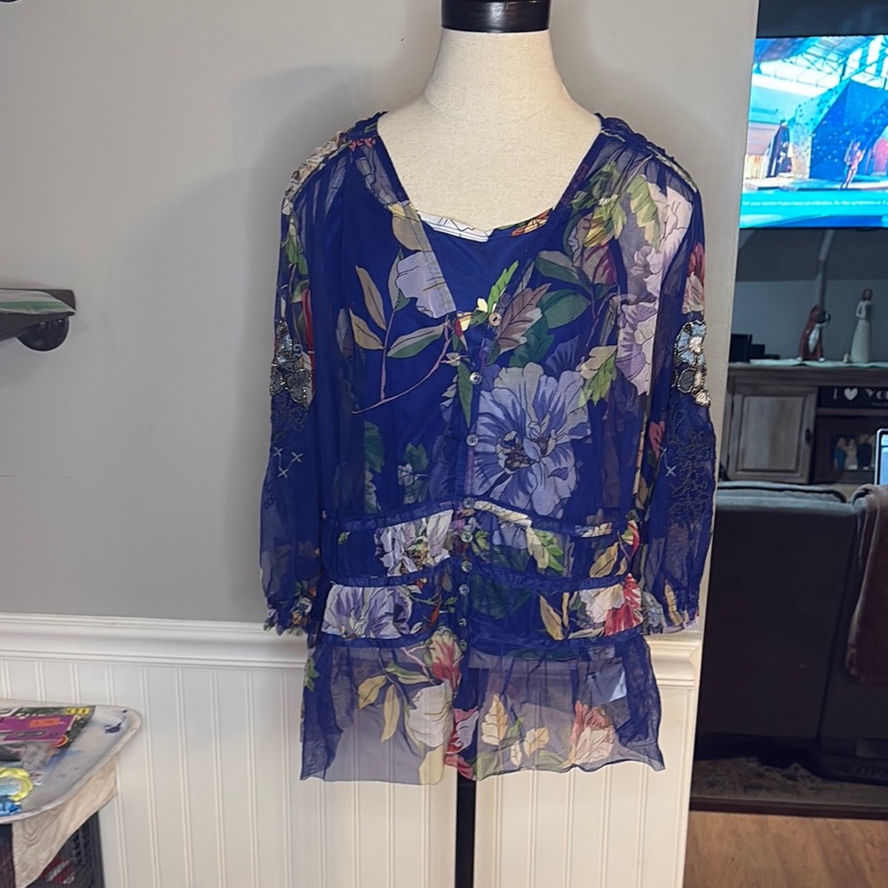 Johnny Was Blue Floral Sheer Blouse